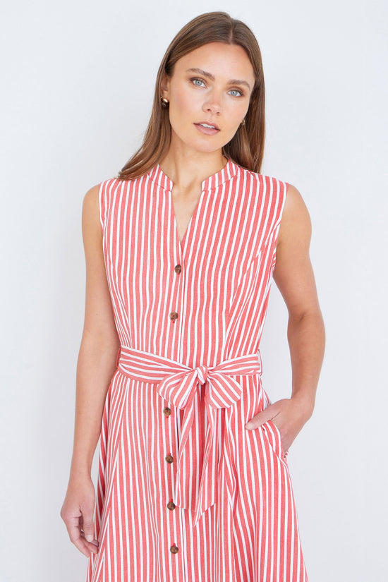 Yumi Red Stripe Midi Sleeveless Shirt Dress - QHA UK