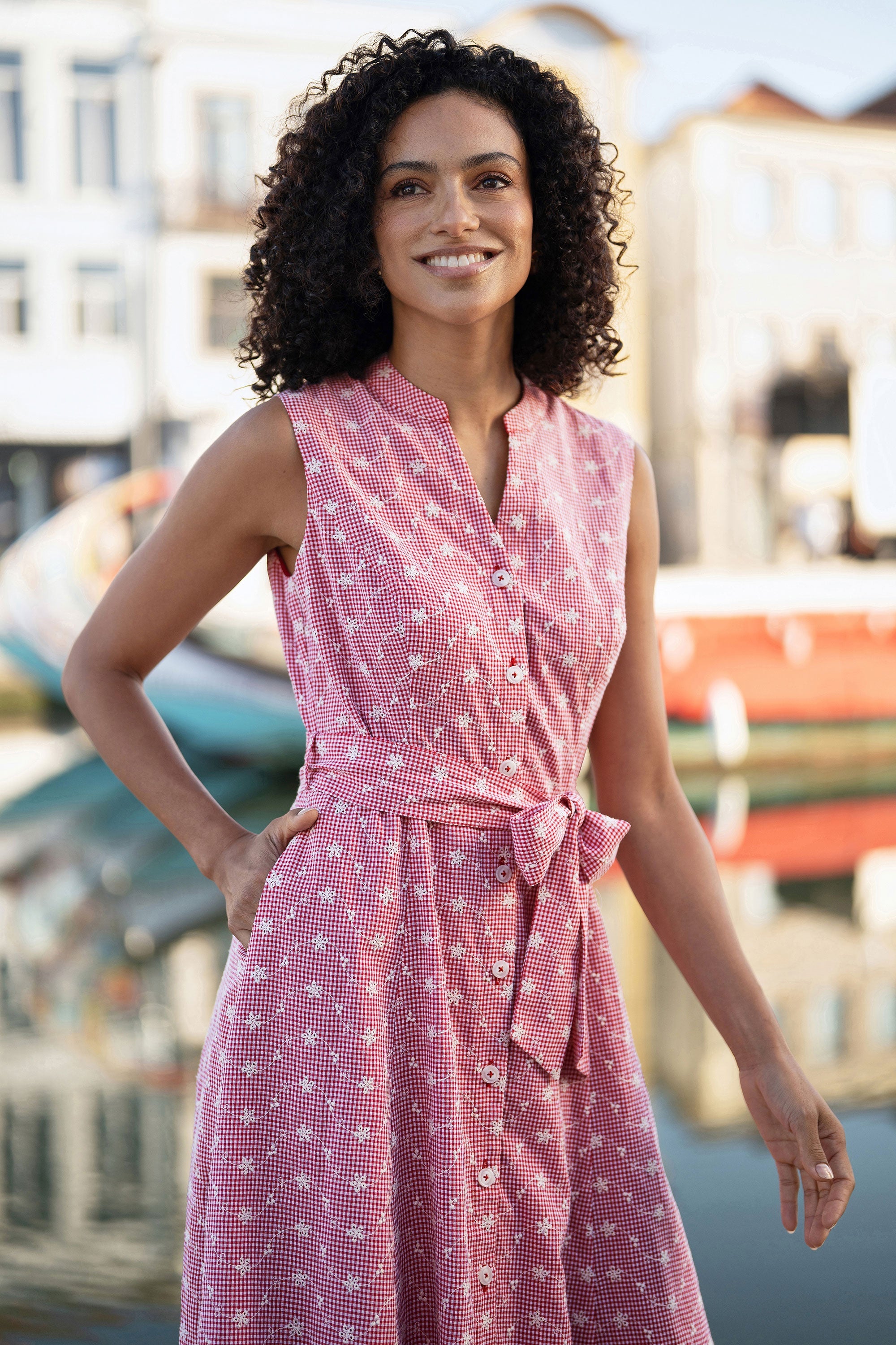 Yumi Red Broderie Anglaise Embroidered Sleeveless Shirt Dress