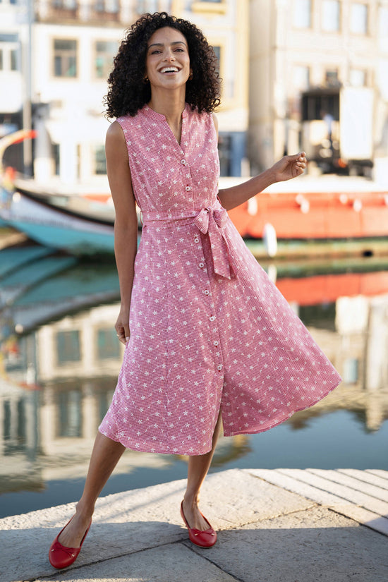 Yumi Red Broderie Anglaise Embroidered Sleeveless Shirt Dress - QHA UK