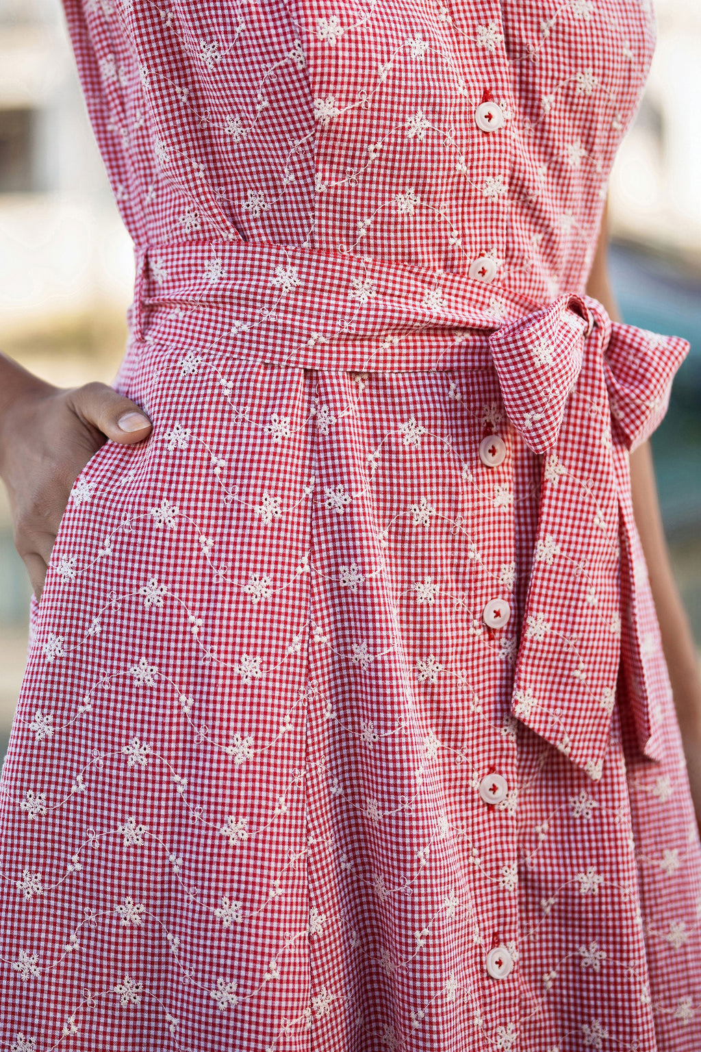 Yumi Red Broderie Anglaise Embroidered Sleeveless Shirt Dress