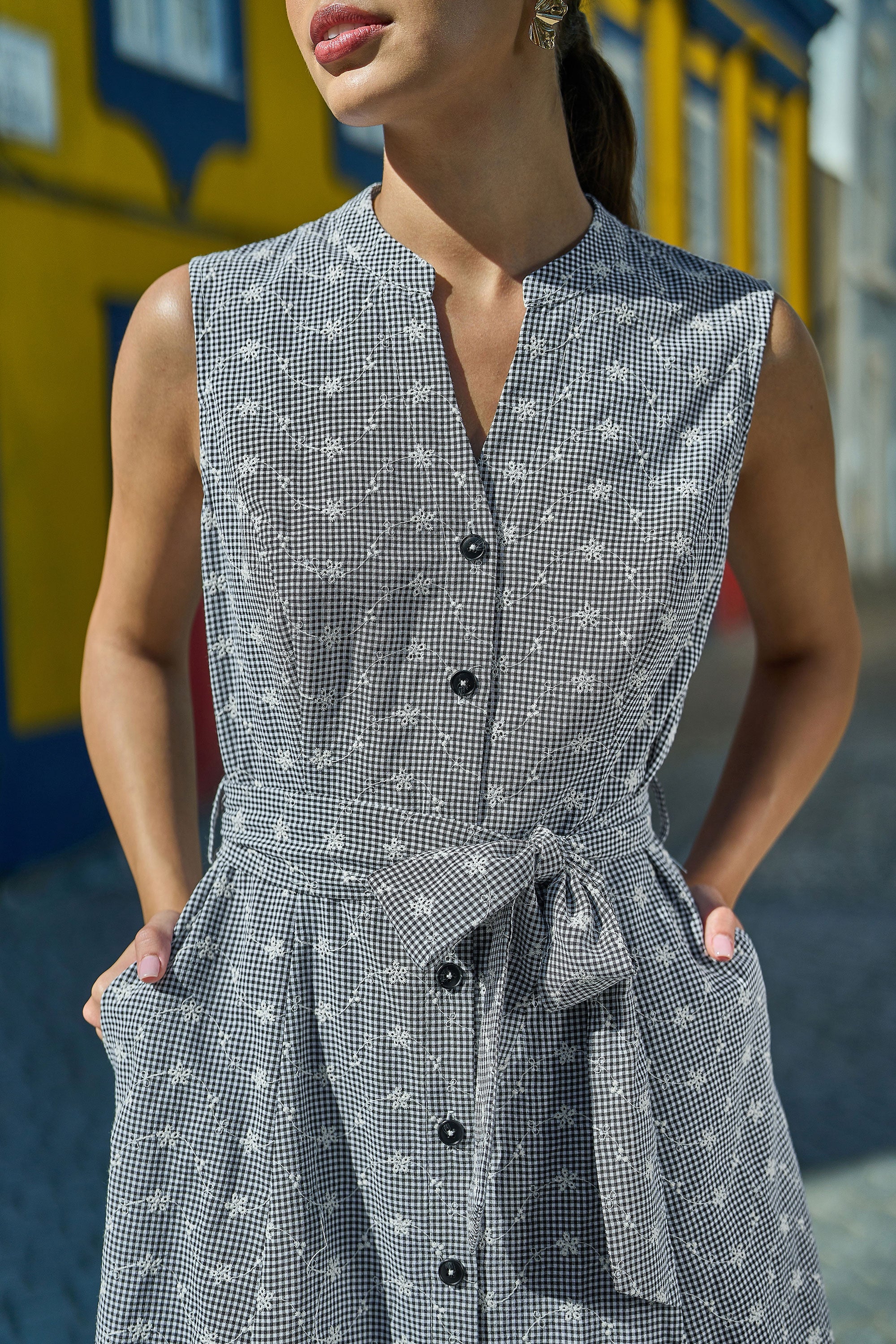 Yumi Black Broderie Anglaise Embroidered Sleeveless Shirt Dress