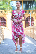 Yumi Ivory Floral Wrap Dress With Dipped Hem - QHA UK