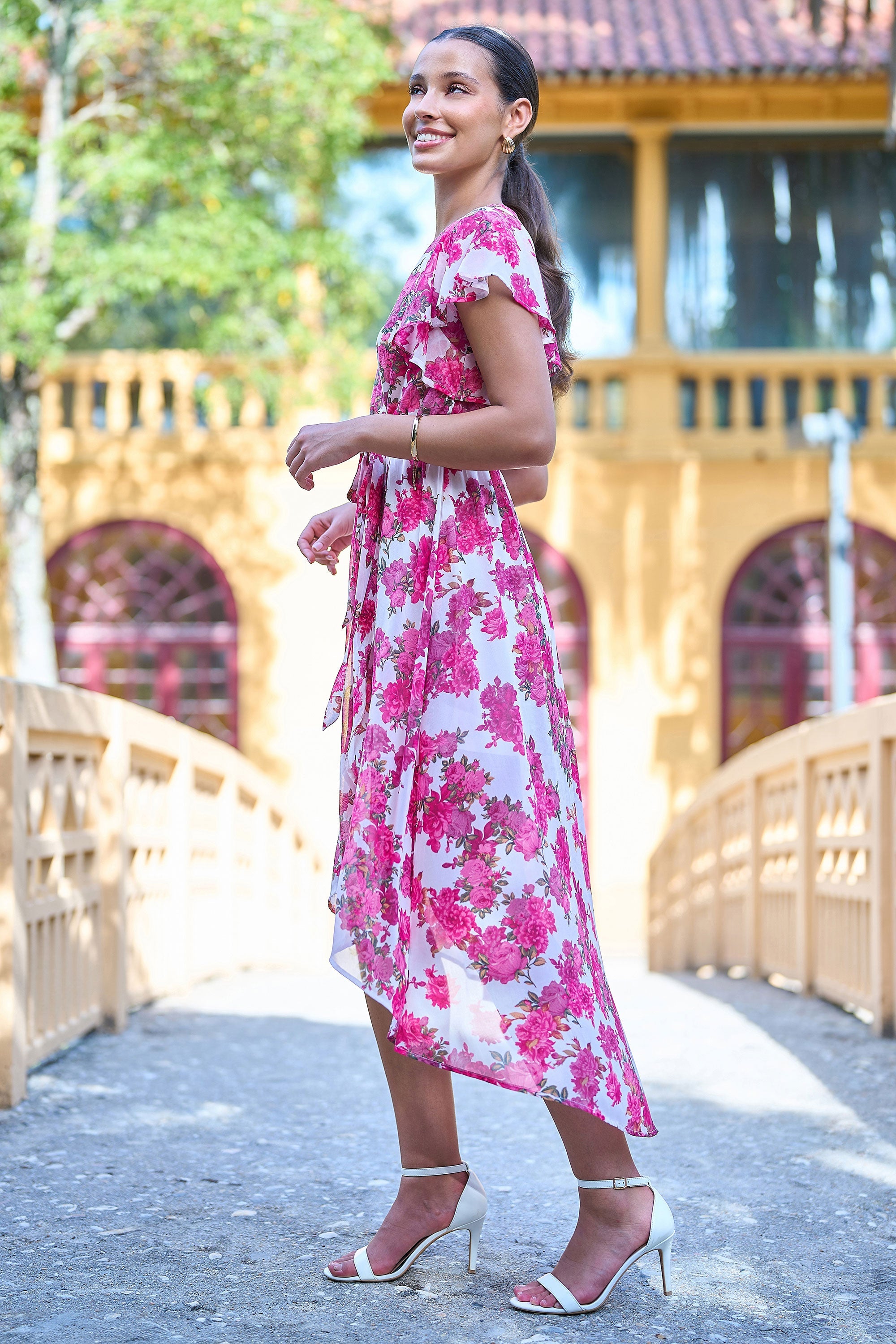 Yumi Ivory Floral Wrap Dress With Dipped Hem