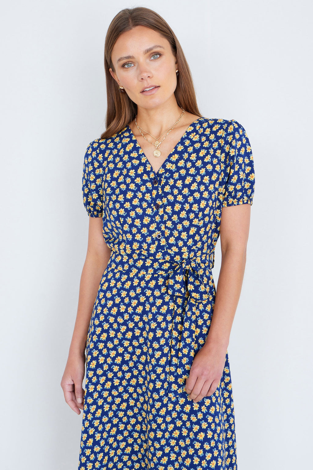 Yumi Navy Floral Midi Shirt Dress - QHA UK