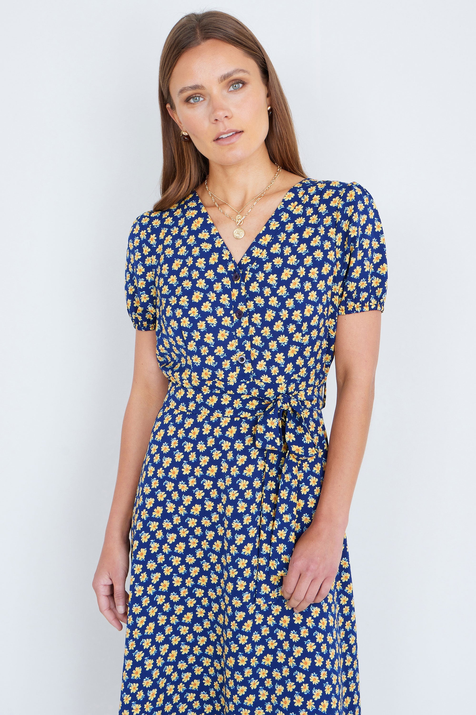 Yumi Navy Floral Midi Shirt Dress - QHA UK