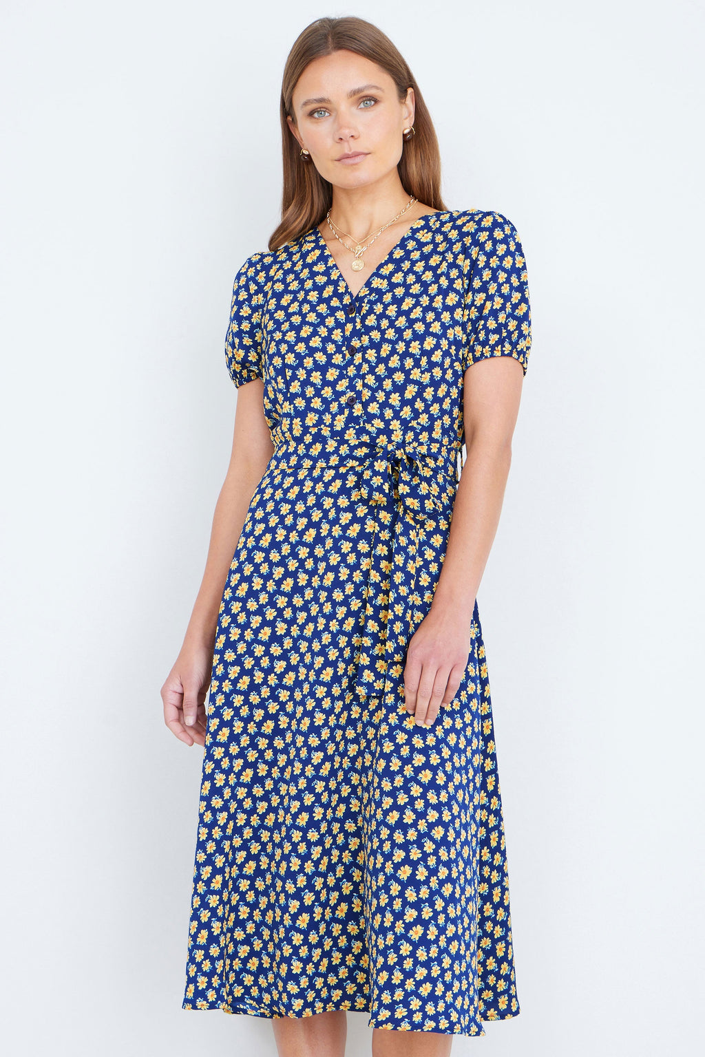 Yumi Navy Floral Midi Shirt Dress - QHA UK
