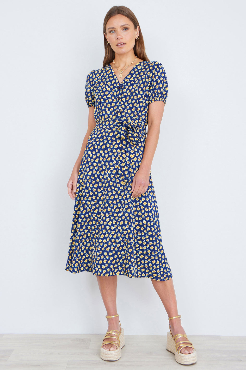 Yumi Navy Floral Midi Shirt Dress - QHA UK