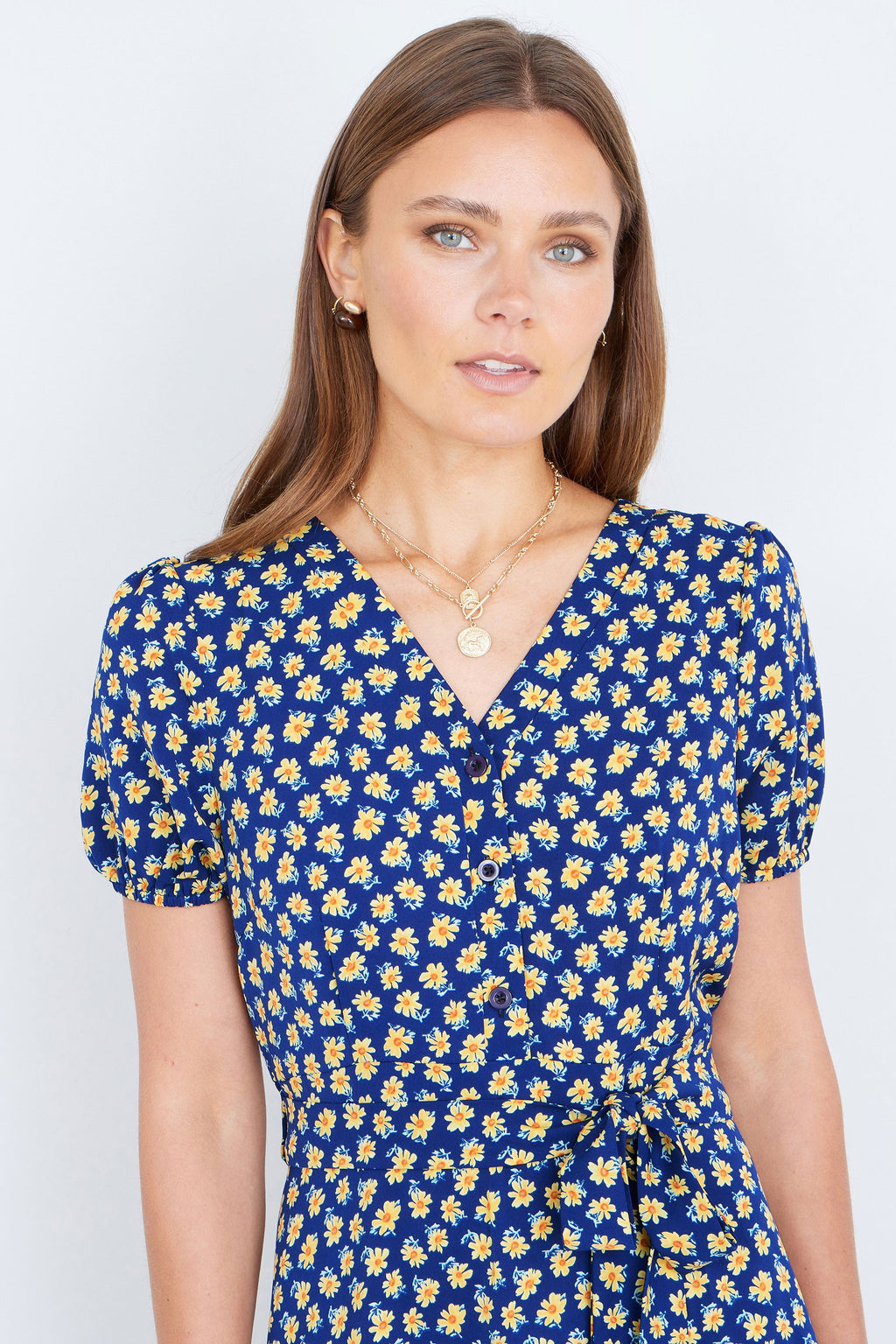 Yumi Navy Floral Midi Shirt Dress - QHA UK