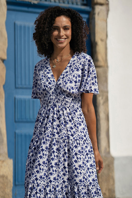 Yumi Blue Floral Ruched Waist Midi Dress With Angel Sleeves - QHA UK
