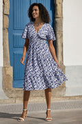 Yumi Blue Floral Ruched Waist Midi Dress With Angel Sleeves - QHA UK