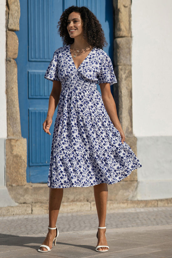 Yumi Blue Floral Ruched Waist Midi Dress With Angel Sleeves - QHA UK