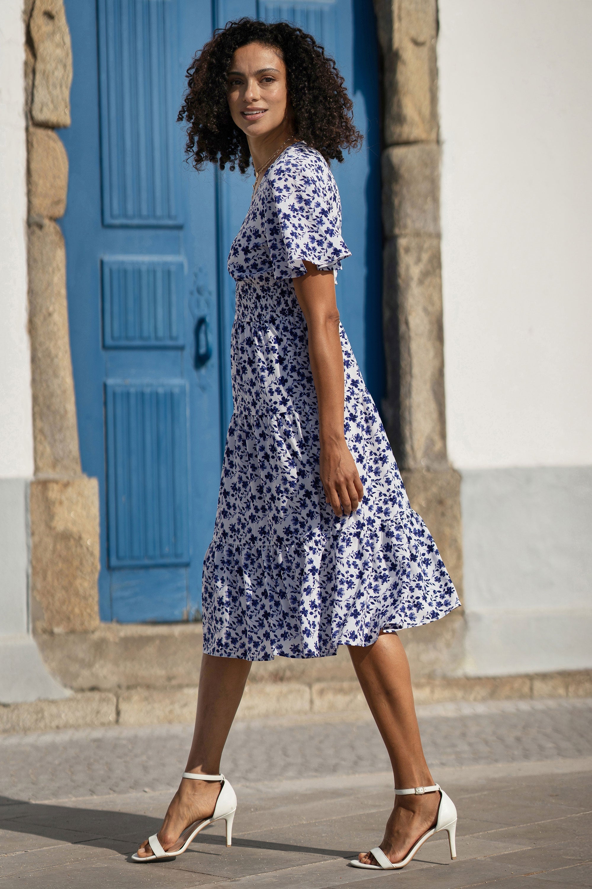 Yumi Blue Floral Ruched Waist Midi Dress With Angel Sleeves