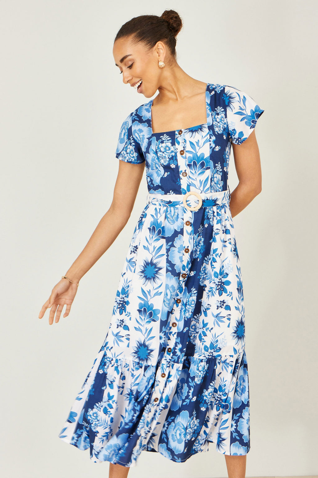 Yumi Blue Floral Viscose Midi Shirt Dress With Matching Belt - QHA UK
