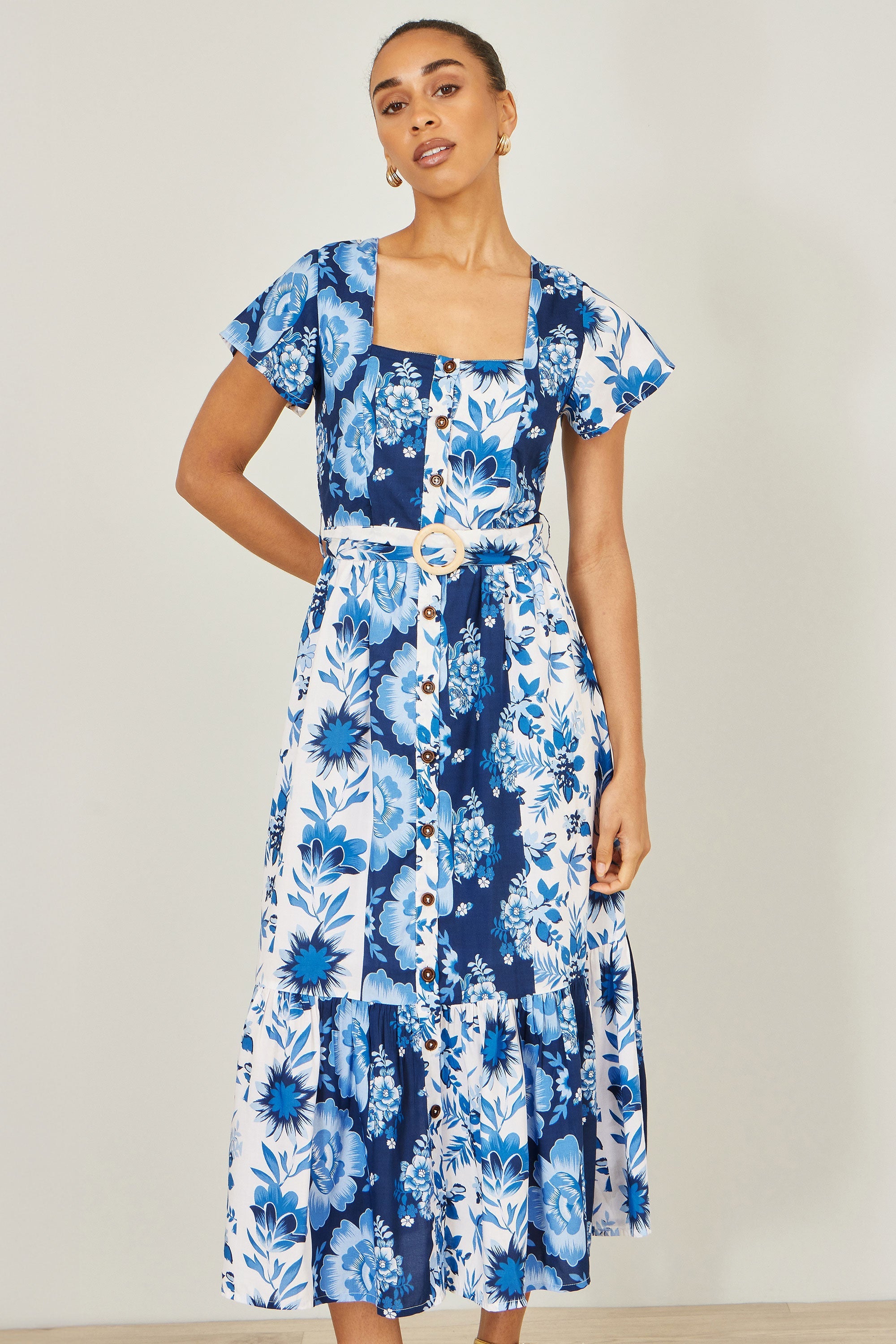 Yumi Blue Floral Viscose Midi Shirt Dress With Matching Belt - QHA UK