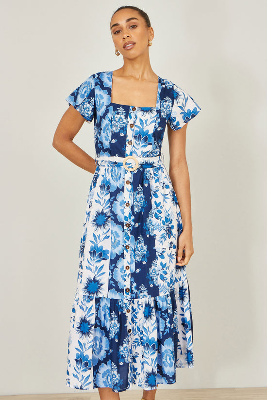 Yumi Blue Floral Viscose Midi Shirt Dress With Matching Belt - QHA UK