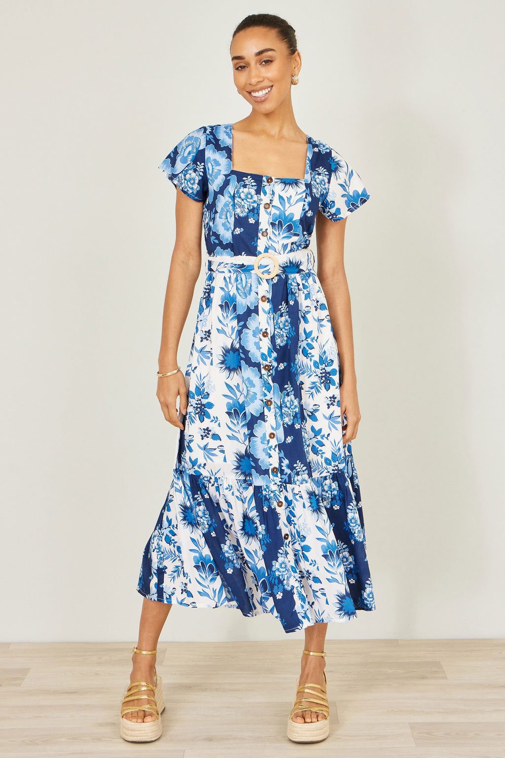 Yumi Blue Floral Viscose Midi Shirt Dress With Matching Belt - QHA UK