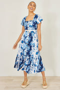 Yumi Blue Floral Viscose Midi Shirt Dress With Matching Belt - QHA UK