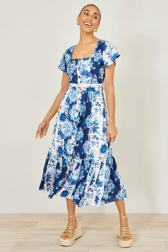 Yumi Blue Floral Viscose Midi Shirt Dress With Matching Belt - QHA UK