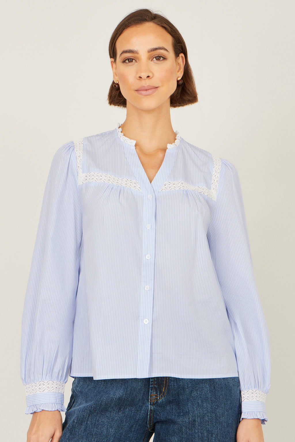Yumi Blue Stripe Shirt With Lace Detail
