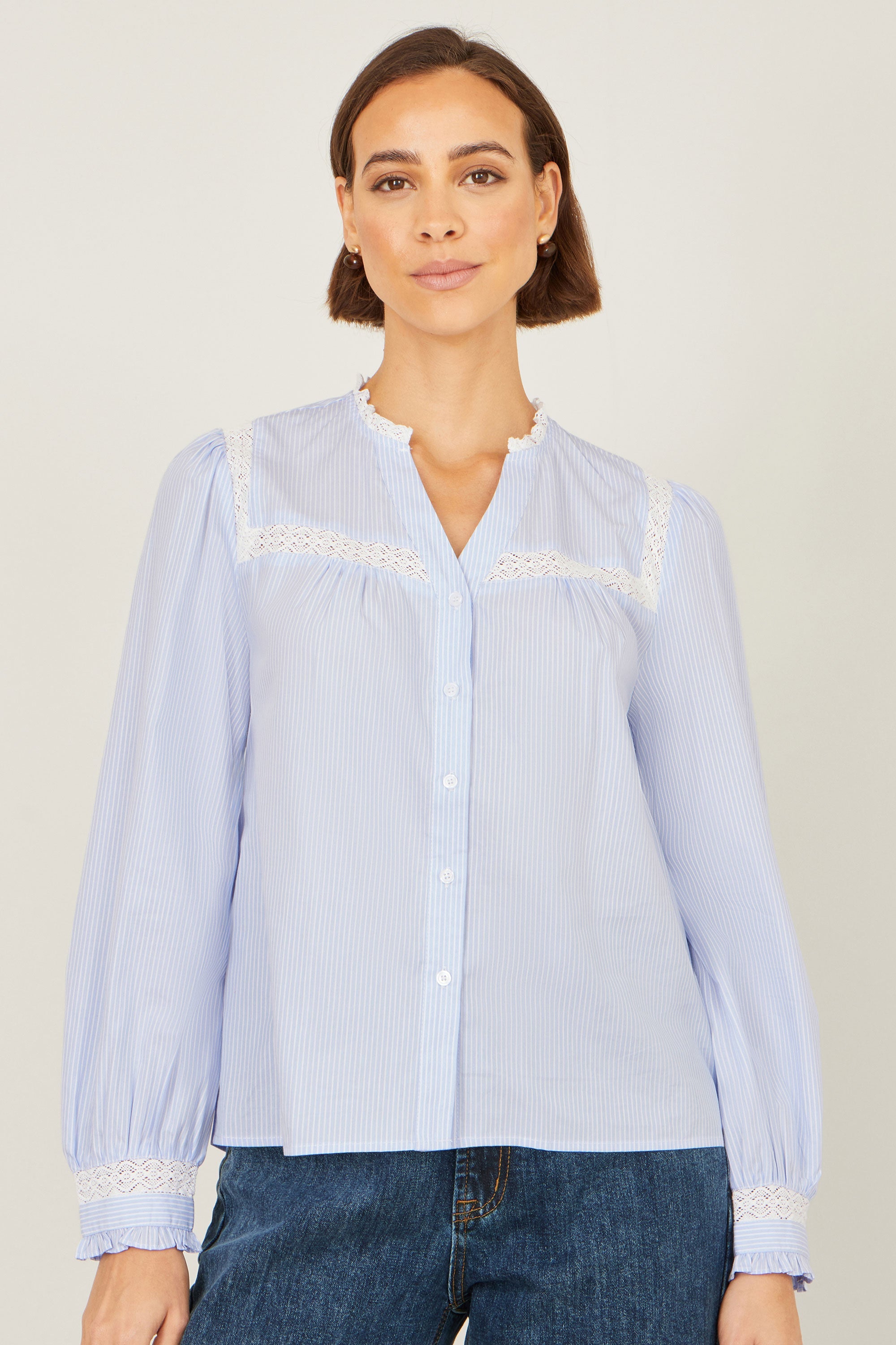 Yumi Blue Stripe Shirt With Lace Detail