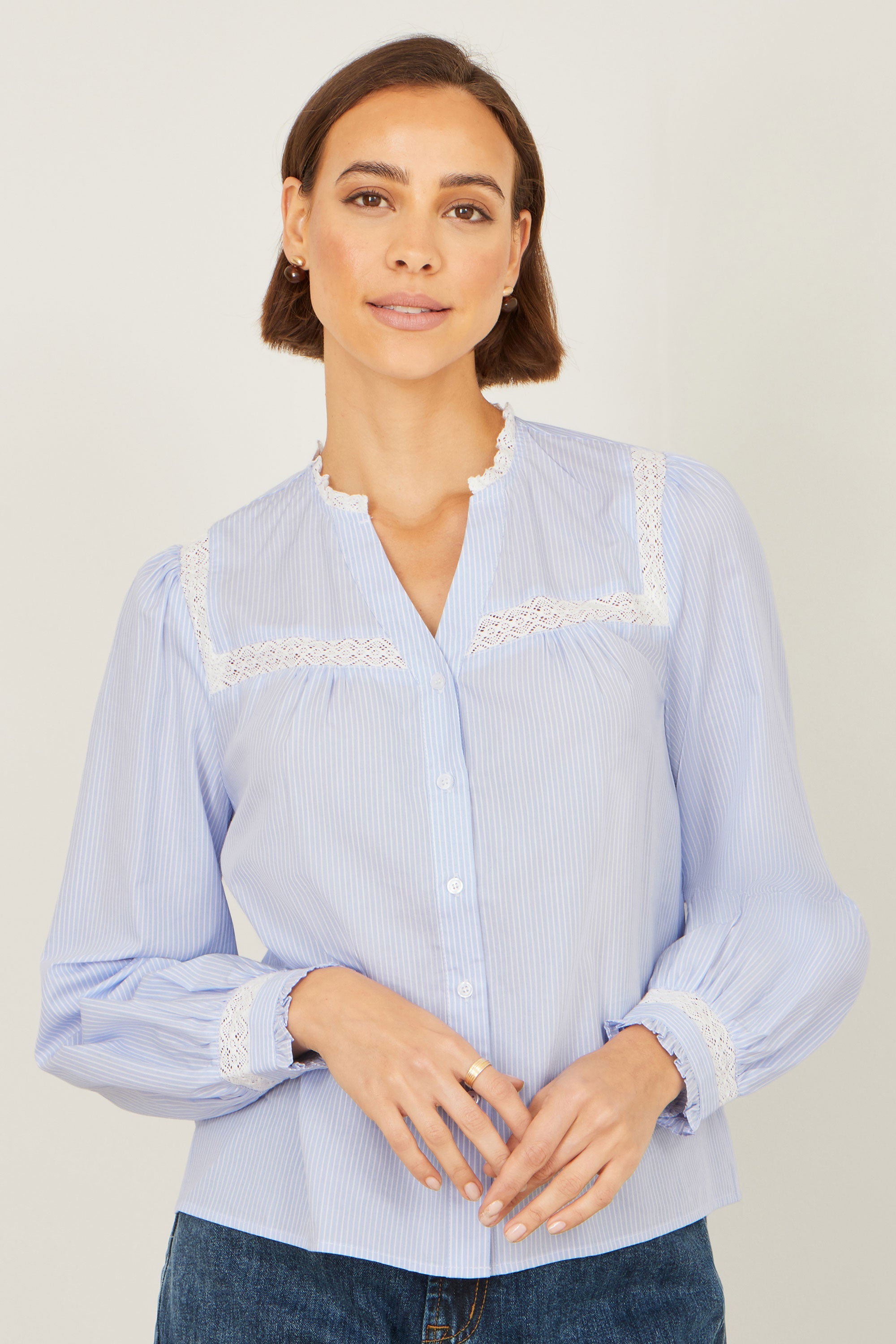 Yumi Blue Stripe Shirt With Lace Detail