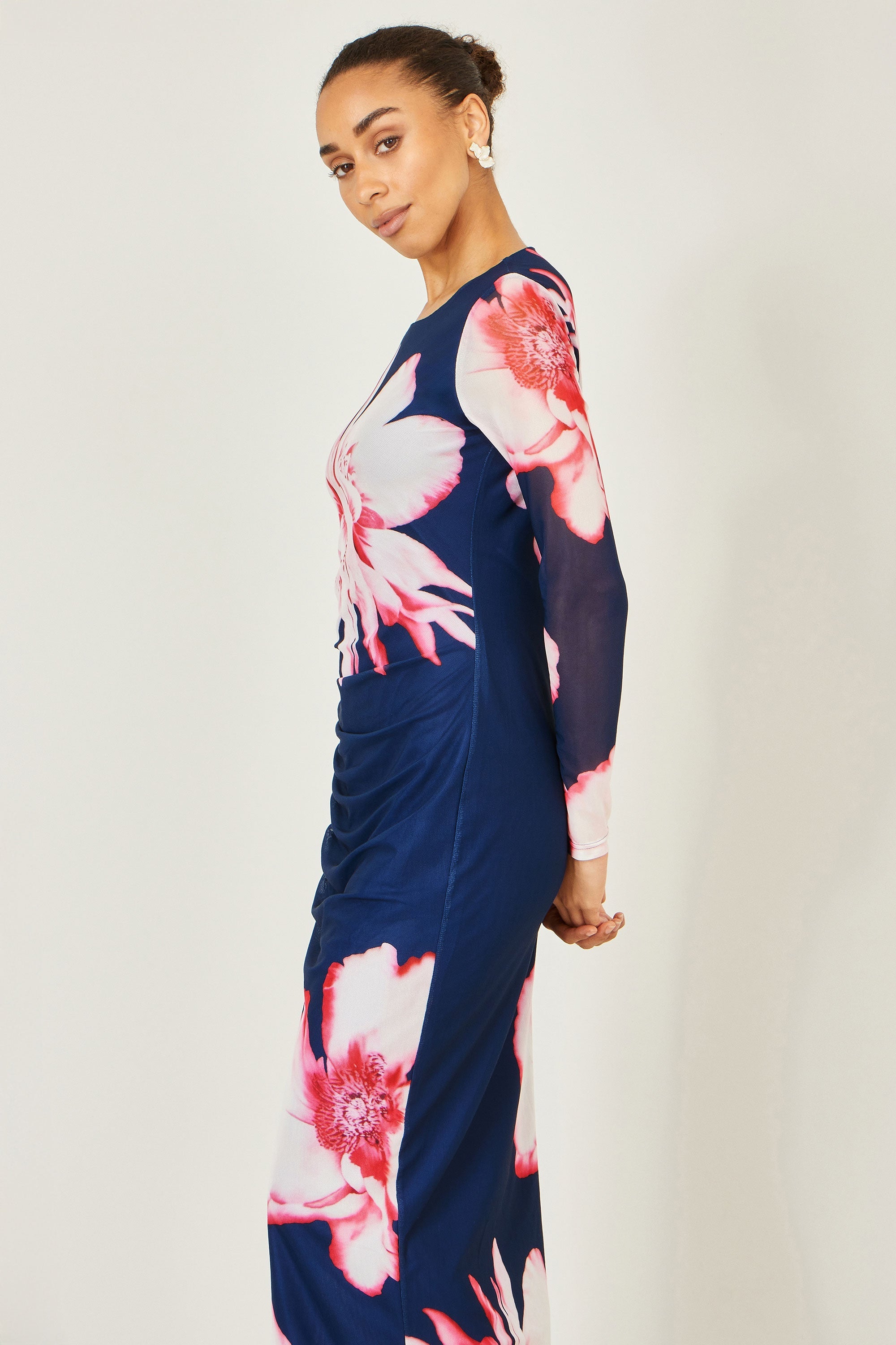 Yumi Navy Floral Placement Floral Long Sleeve Mesh Maxi Dress - QHA UK