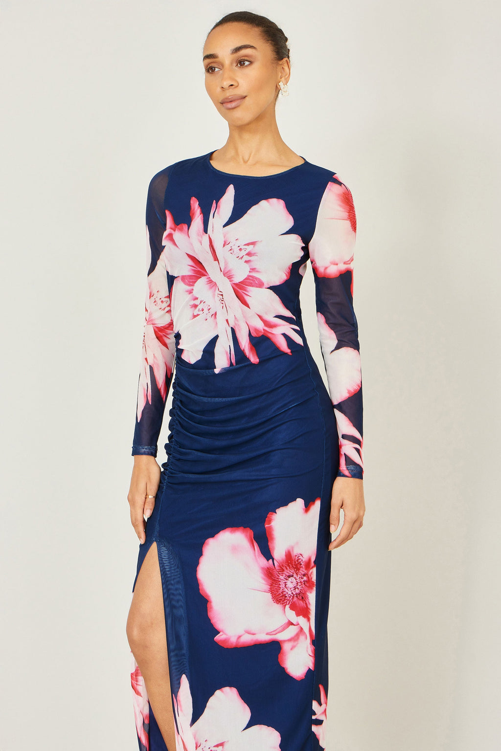 Yumi Navy Floral Placement Floral Long Sleeve Mesh Maxi Dress - QHA UK