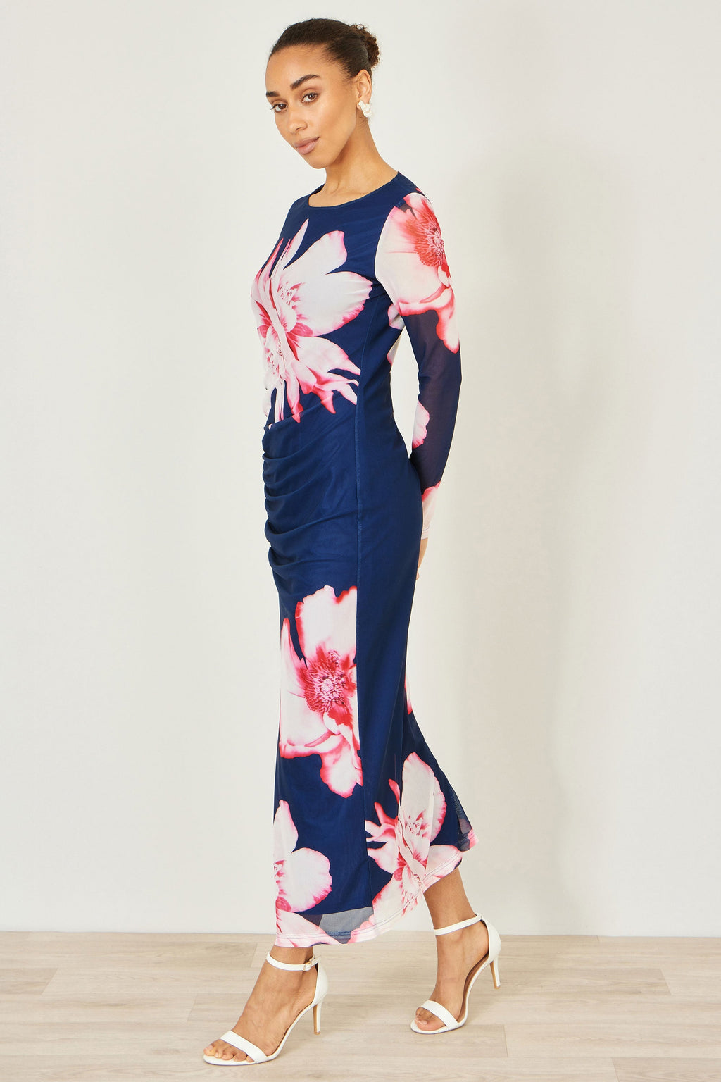 Yumi Navy Floral Placement Floral Long Sleeve Mesh Maxi Dress - QHA UK