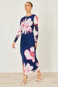 Yumi Navy Floral Placement Floral Long Sleeve Mesh Maxi Dress - QHA UK