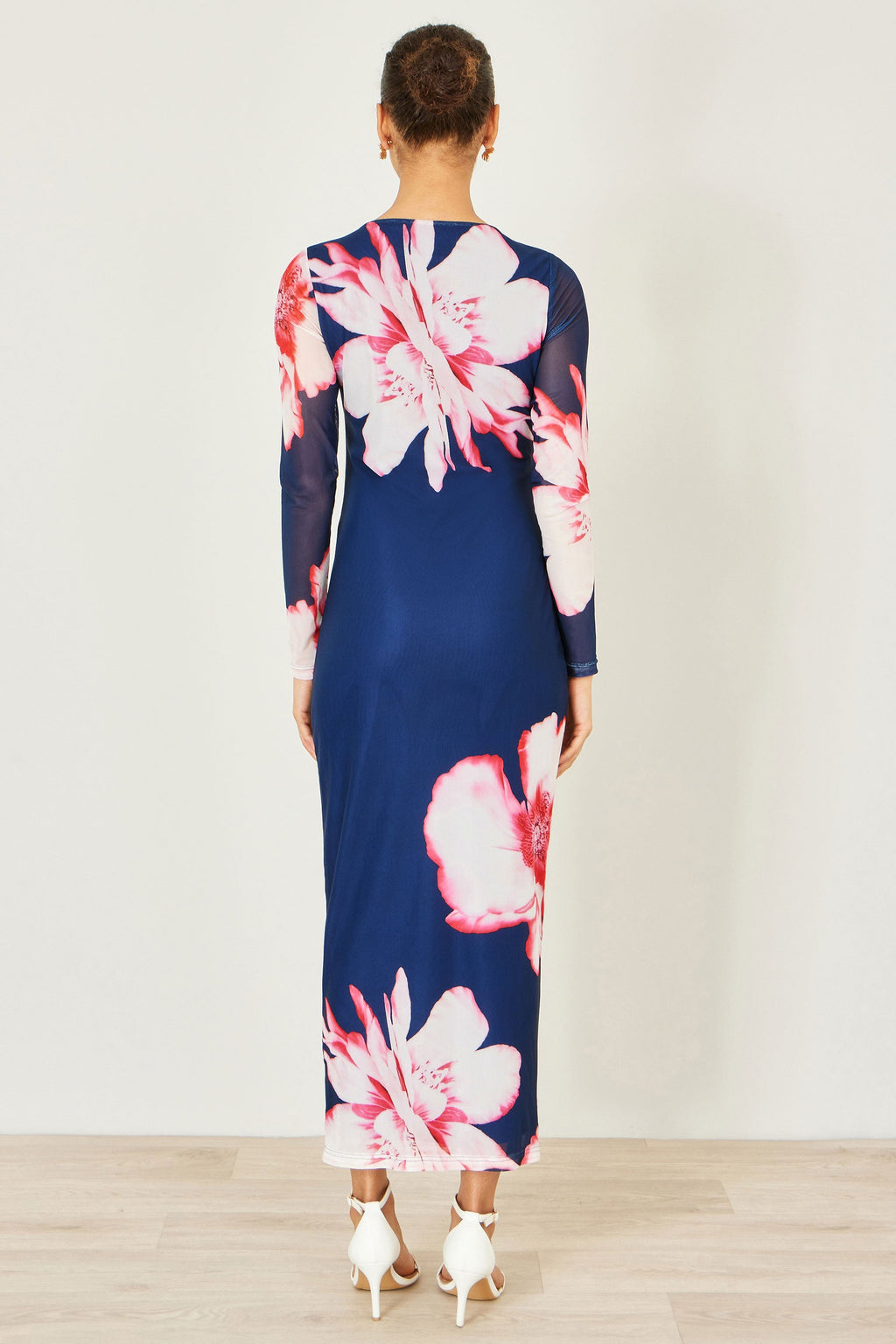 Yumi Navy Floral Placement Floral Long Sleeve Mesh Maxi Dress - QHA UK