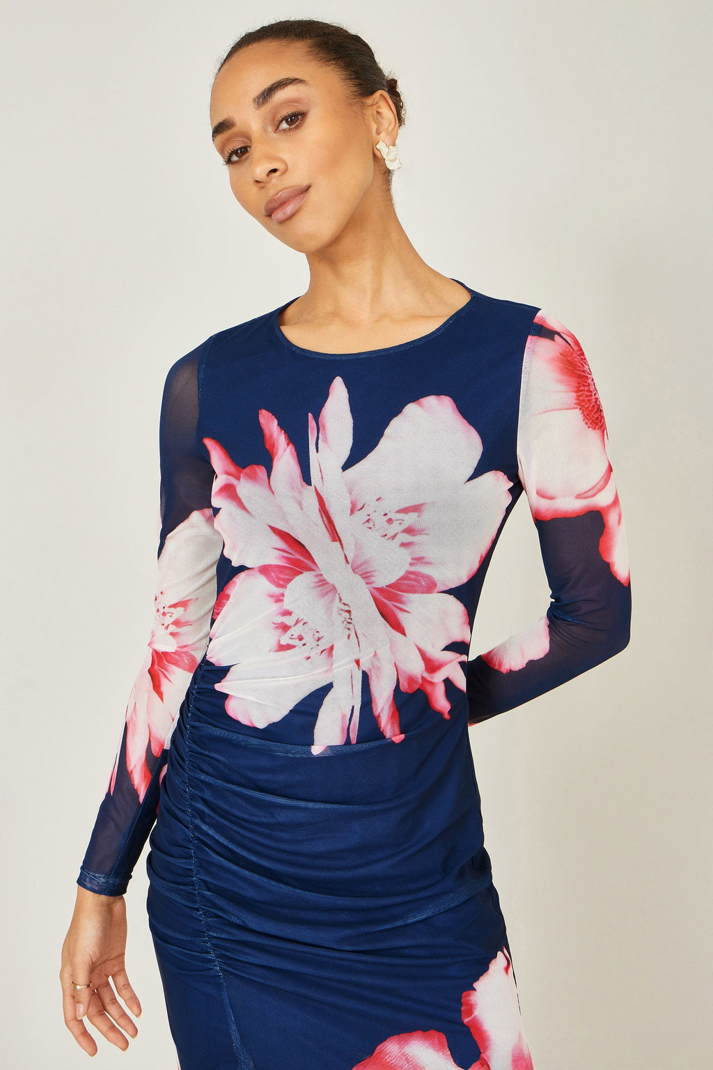 Yumi Navy Floral Placement Floral Long Sleeve Mesh Maxi Dress - QHA UK