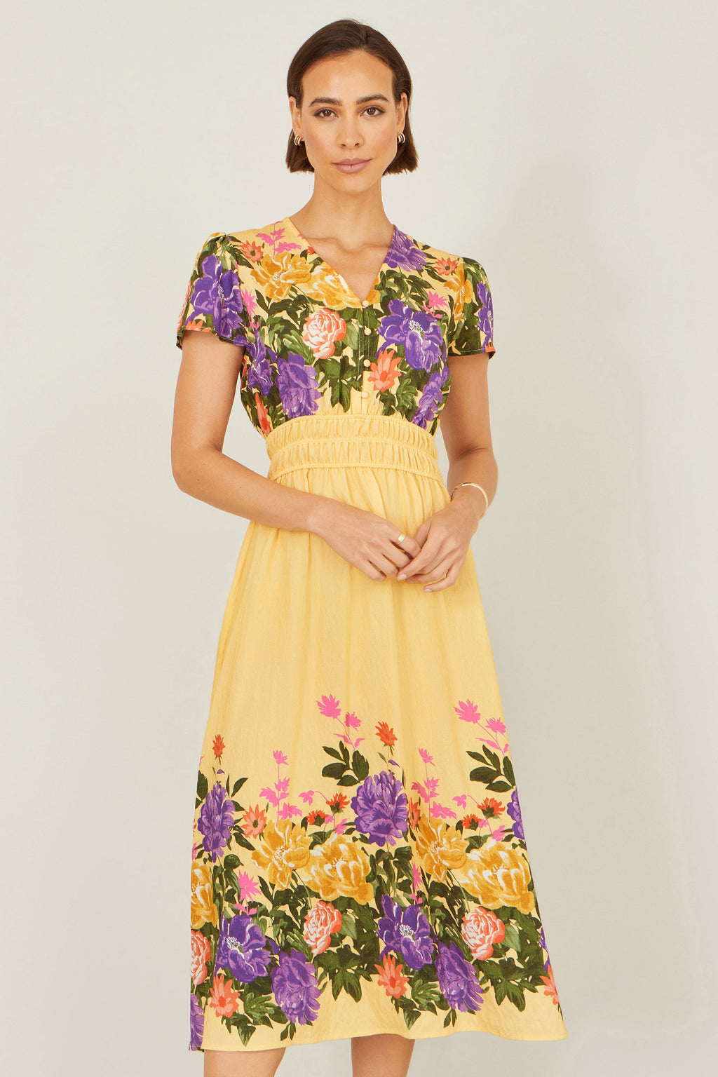 Yumi Butter Yellow Floral Mirror Print Viscose Midi Dress - QHA UK