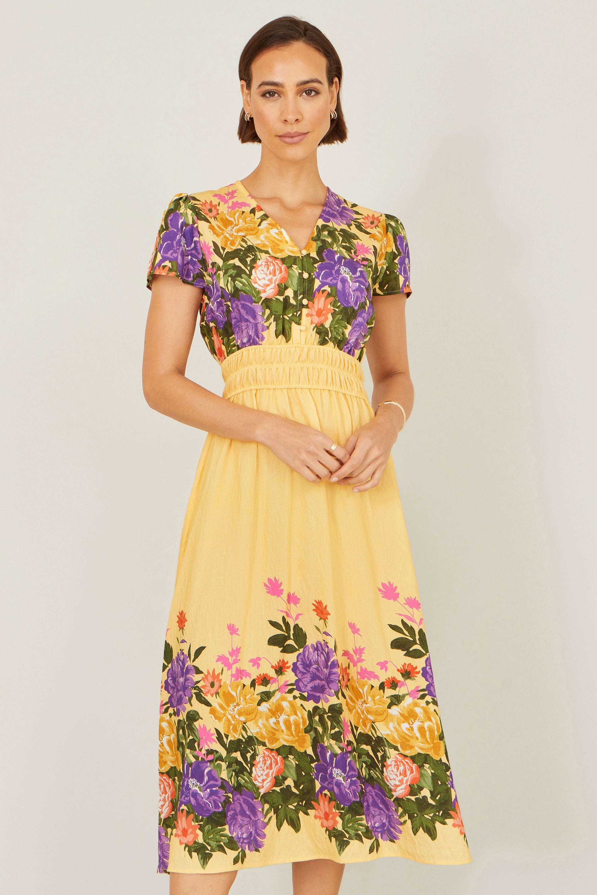 Yumi Butter Yellow Floral Mirror Print Viscose Midi Dress - QHA UK