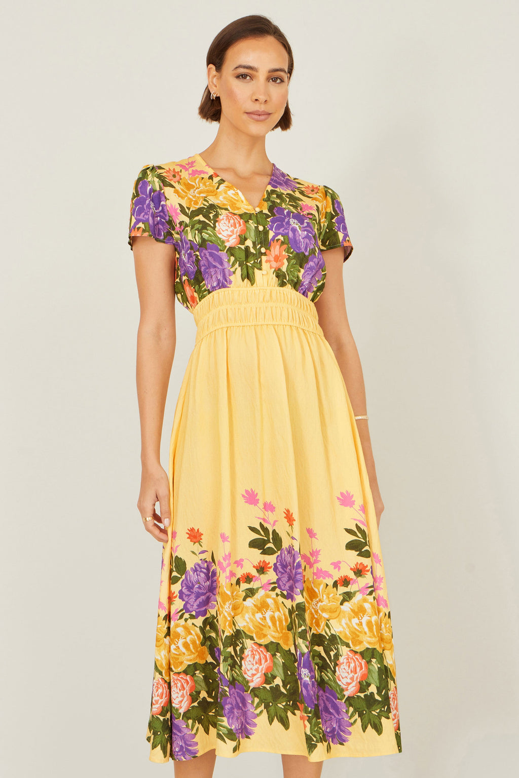 Yumi Butter Yellow Floral Mirror Print Viscose Midi Dress - QHA UK