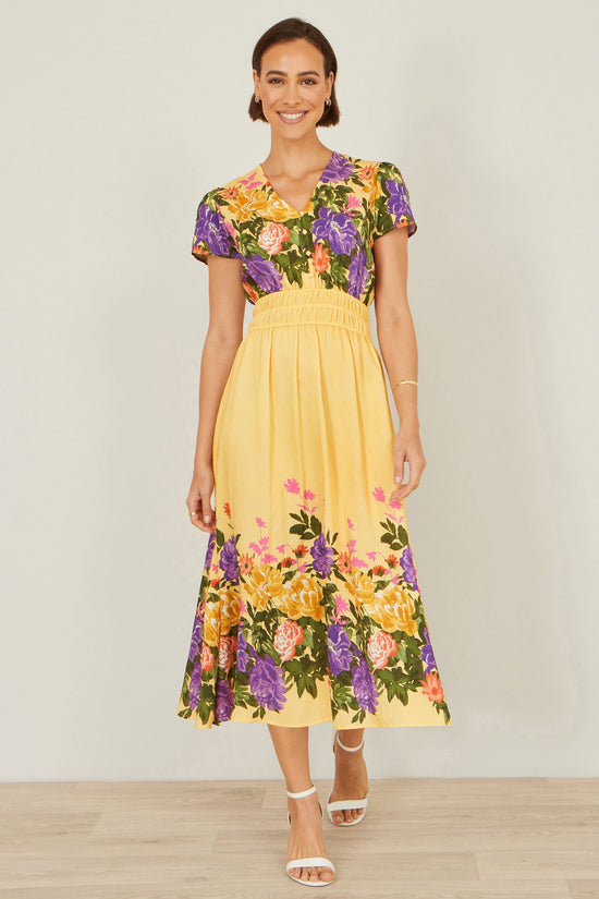 Yumi Butter Yellow Floral Mirror Print Viscose Midi Dress - QHA UK