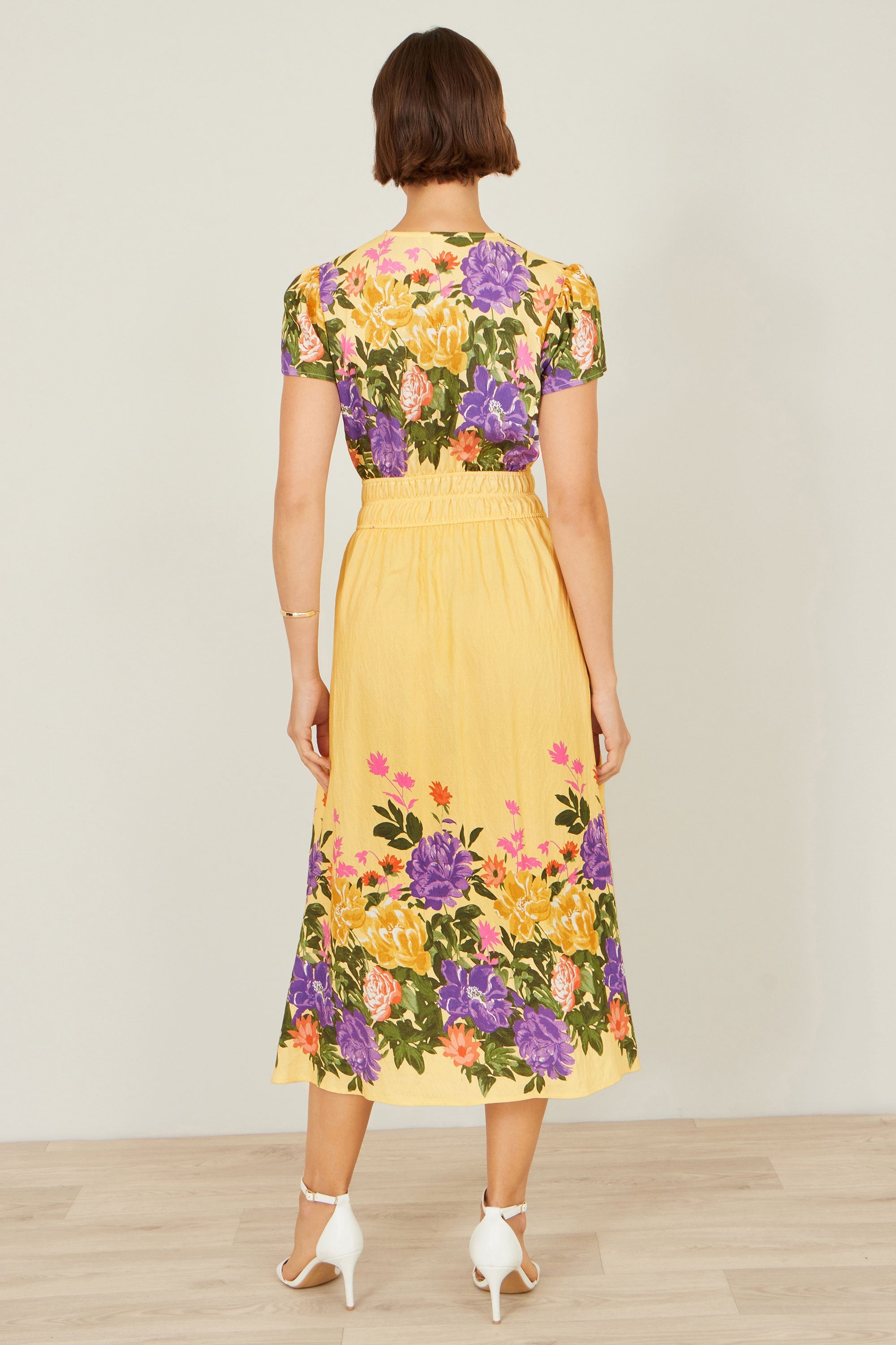 Yumi Butter Yellow Floral Mirror Print Viscose Midi Dress - QHA UK