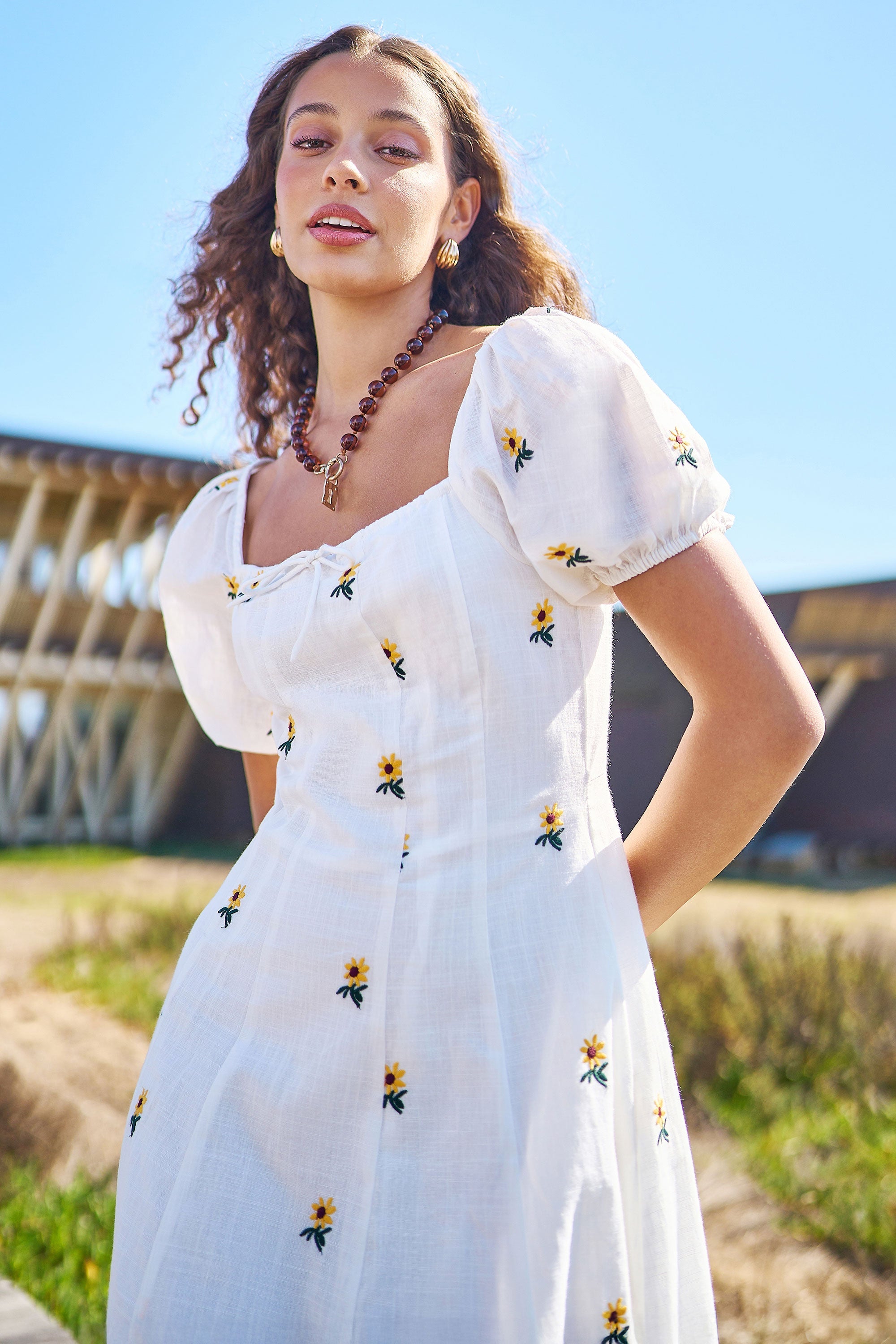Yumi White Cotton Sunflower Embroidered Midi Dress - QHA UK
