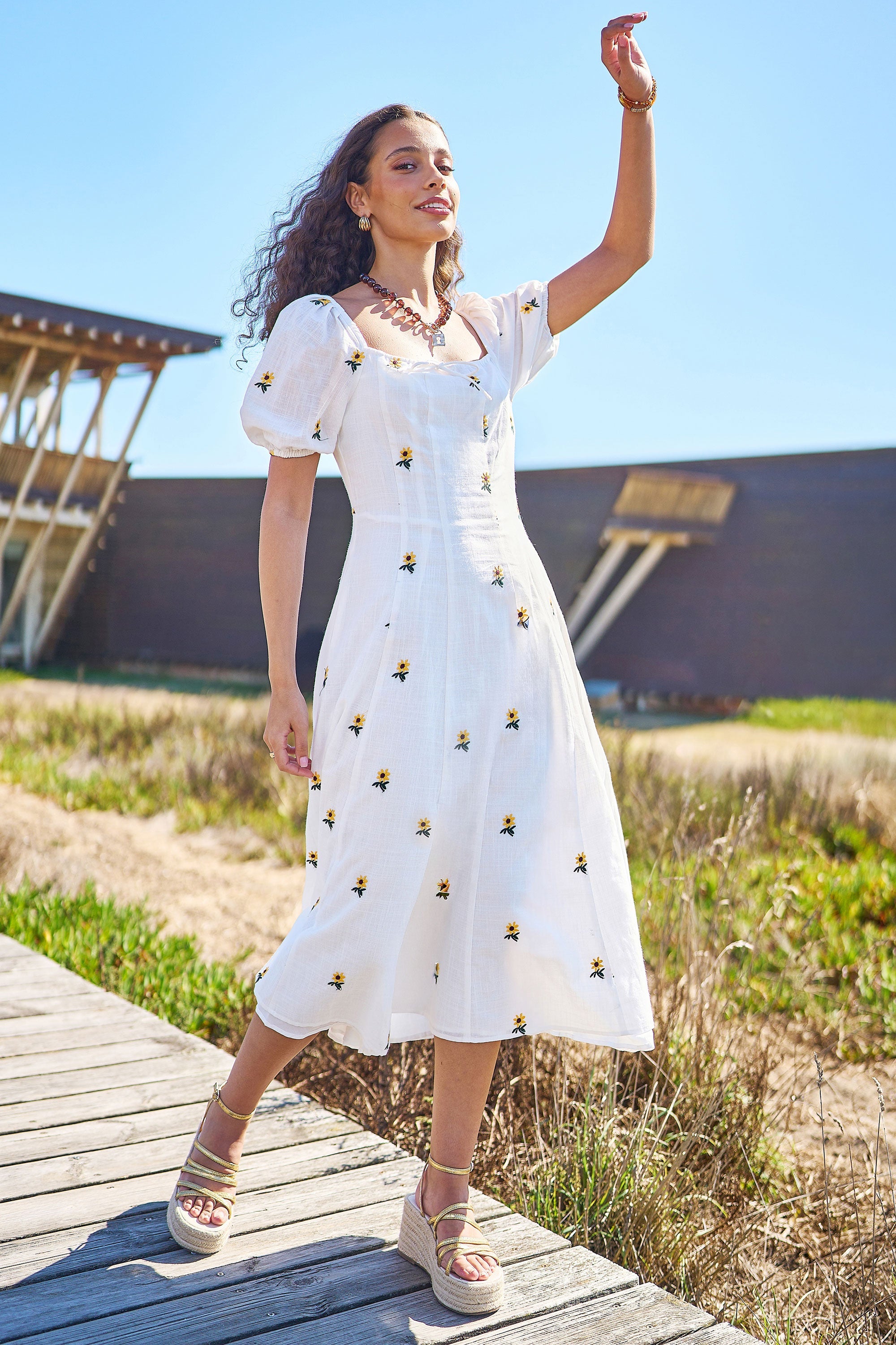 Yumi White Cotton Sunflower Embroidered Midi Dress - QHA UK
