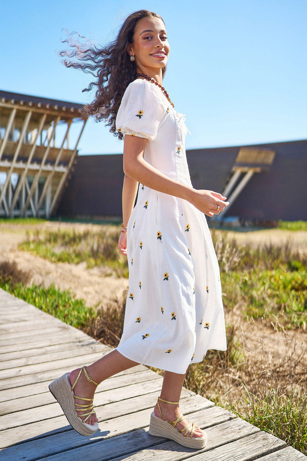 Yumi White Cotton Sunflower Embroidered Midi Dress - QHA UK