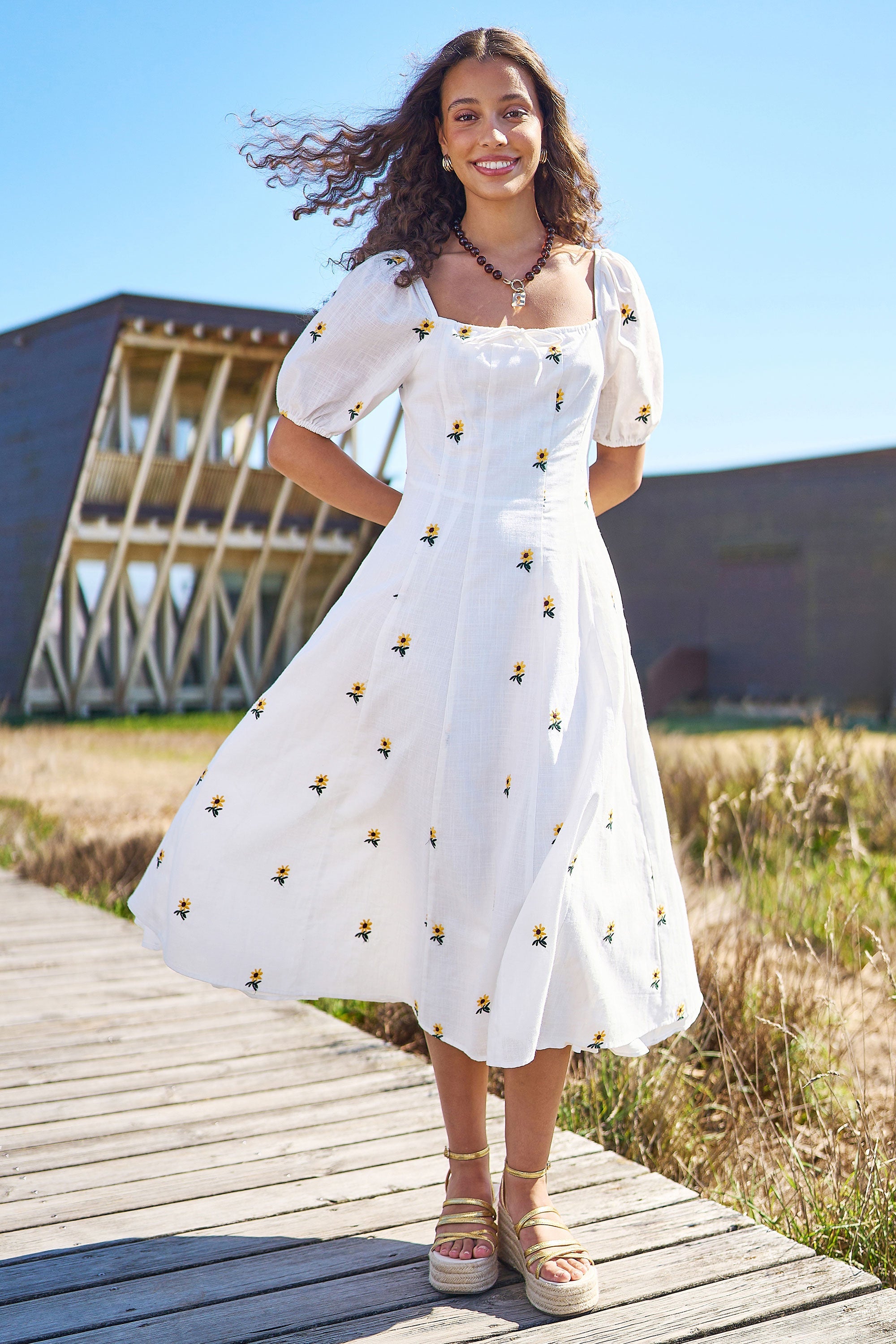 Yumi White Cotton Sunflower Embroidered Midi Dress - QHA UK