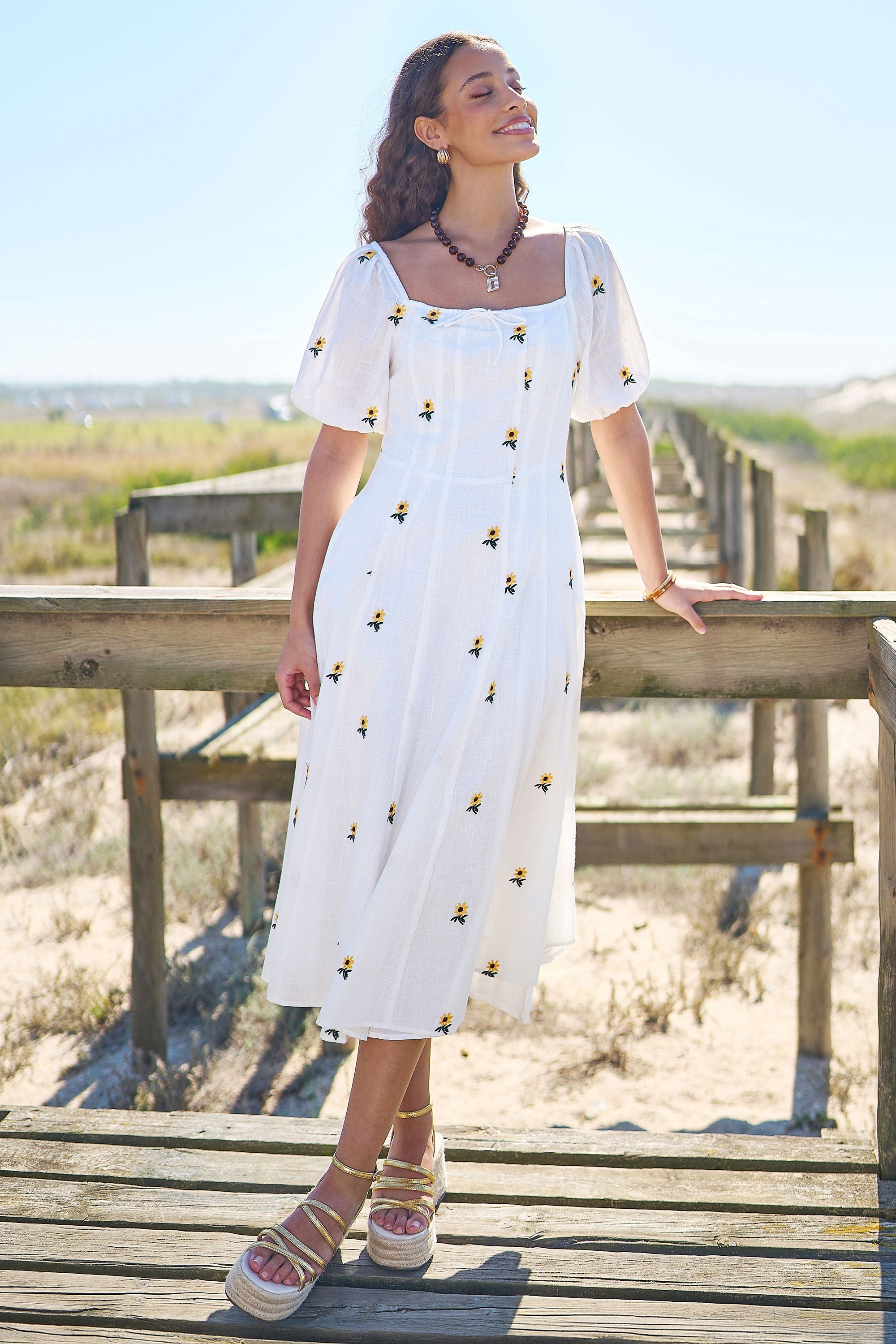 Yumi White Cotton Sunflower Embroidered Midi Dress - QHA UK