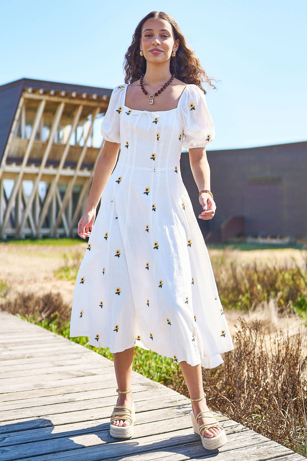 Yumi White Cotton Sunflower Embroidered Midi Dress - QHA UK