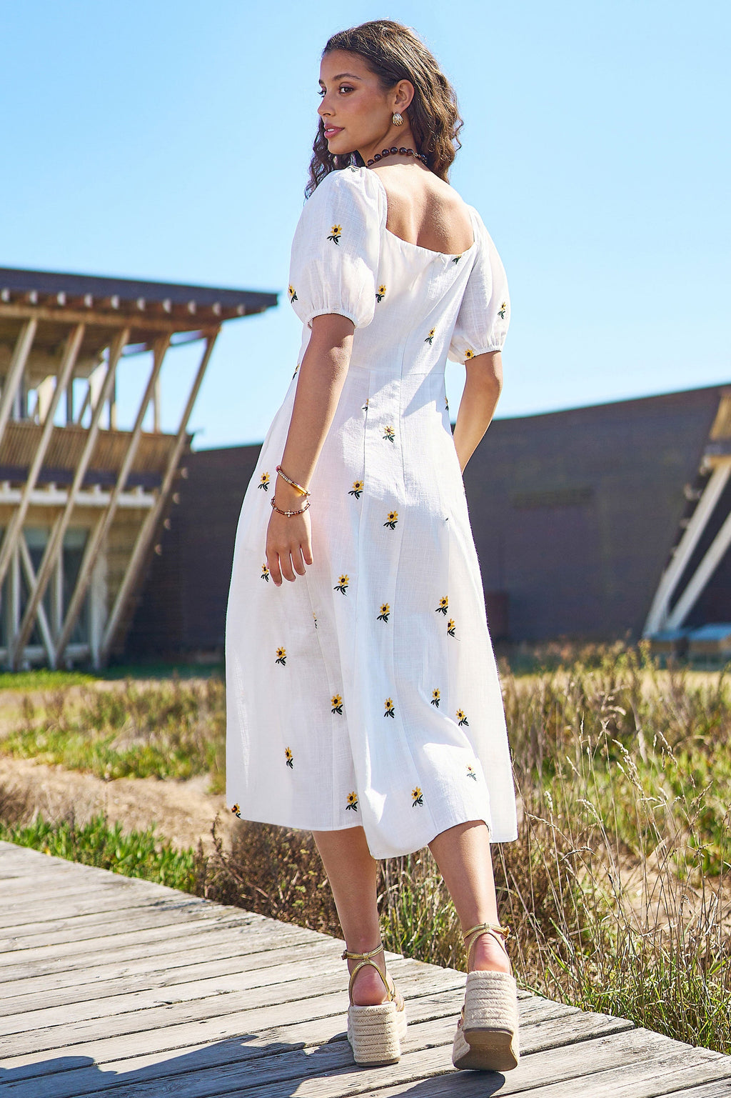 Yumi White Cotton Sunflower Embroidered Midi Dress - QHA UK