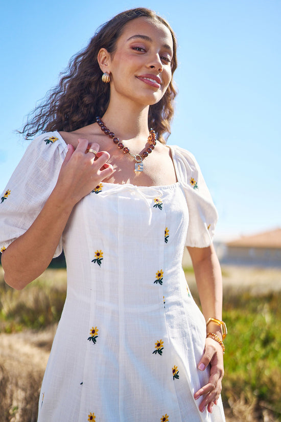 Yumi White Cotton Sunflower Embroidered Midi Dress - QHA UK
