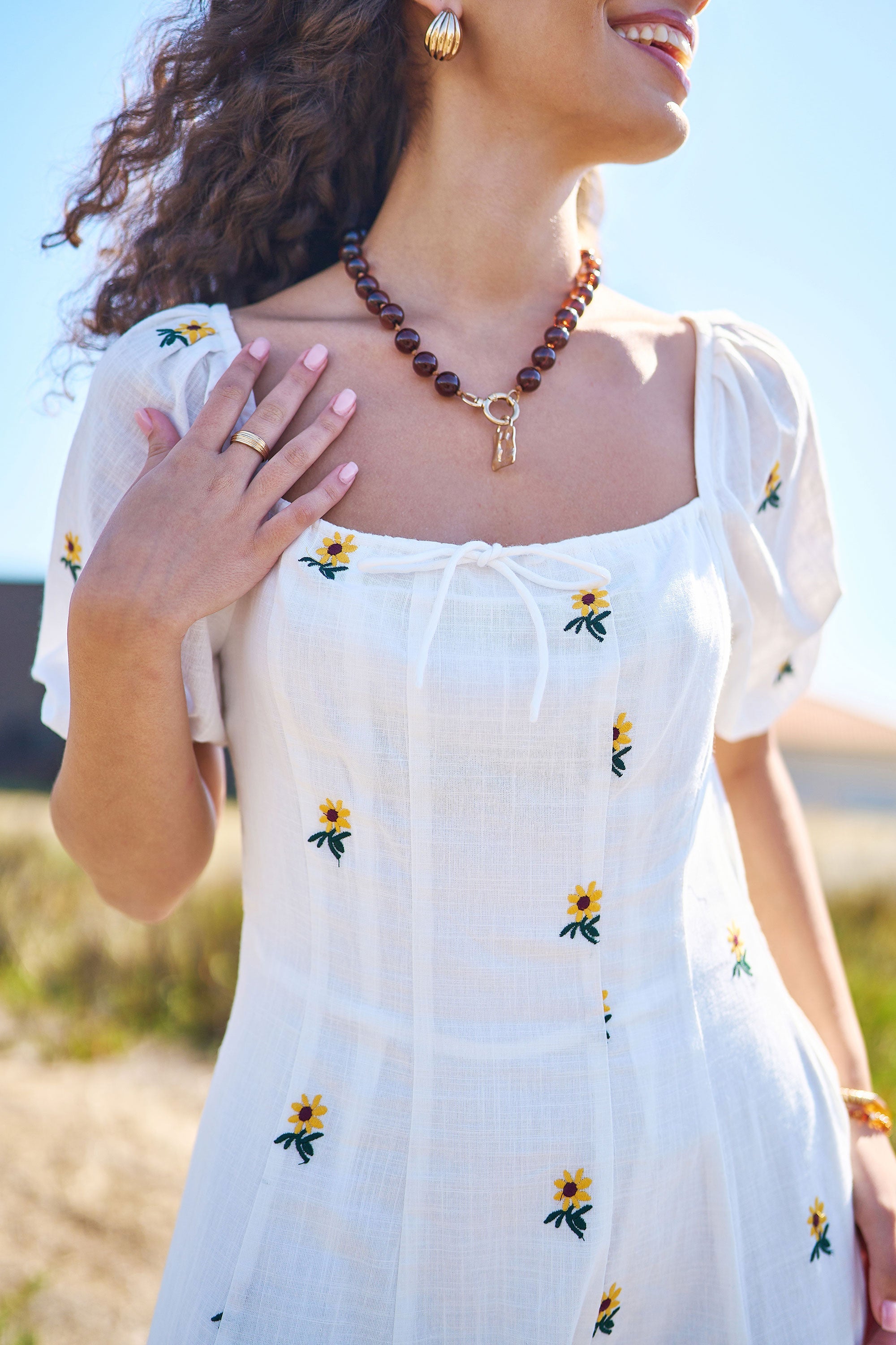 Yumi White Cotton Sunflower Embroidered Midi Dress - QHA UK