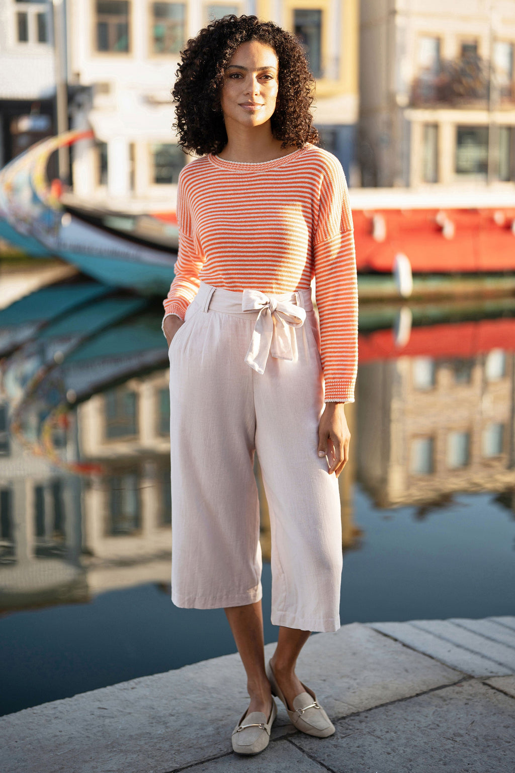 Yumi Natural Linen Mix Cropped Trousers With Tie Belt - QHA UK
