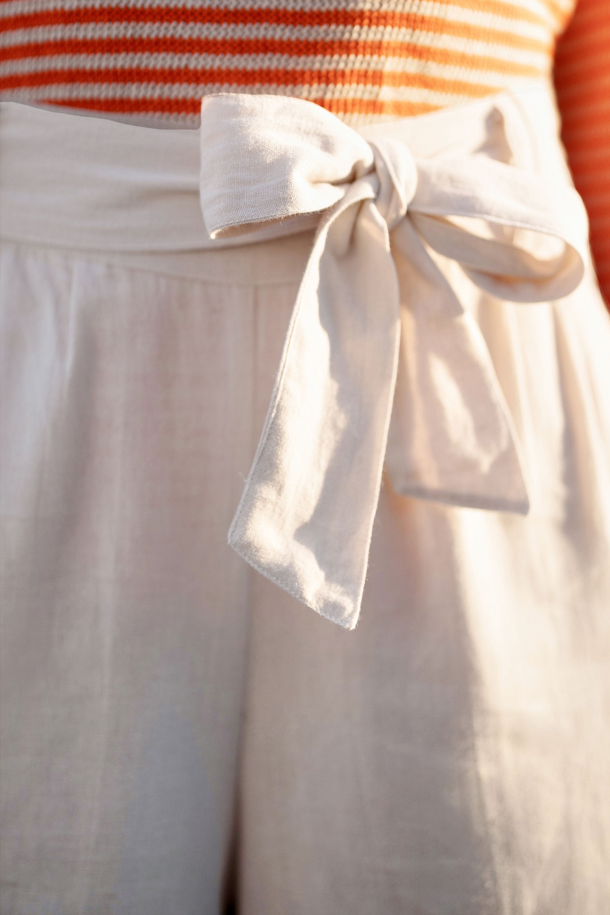 Yumi Natural Linen Mix Cropped Trousers With Tie Belt