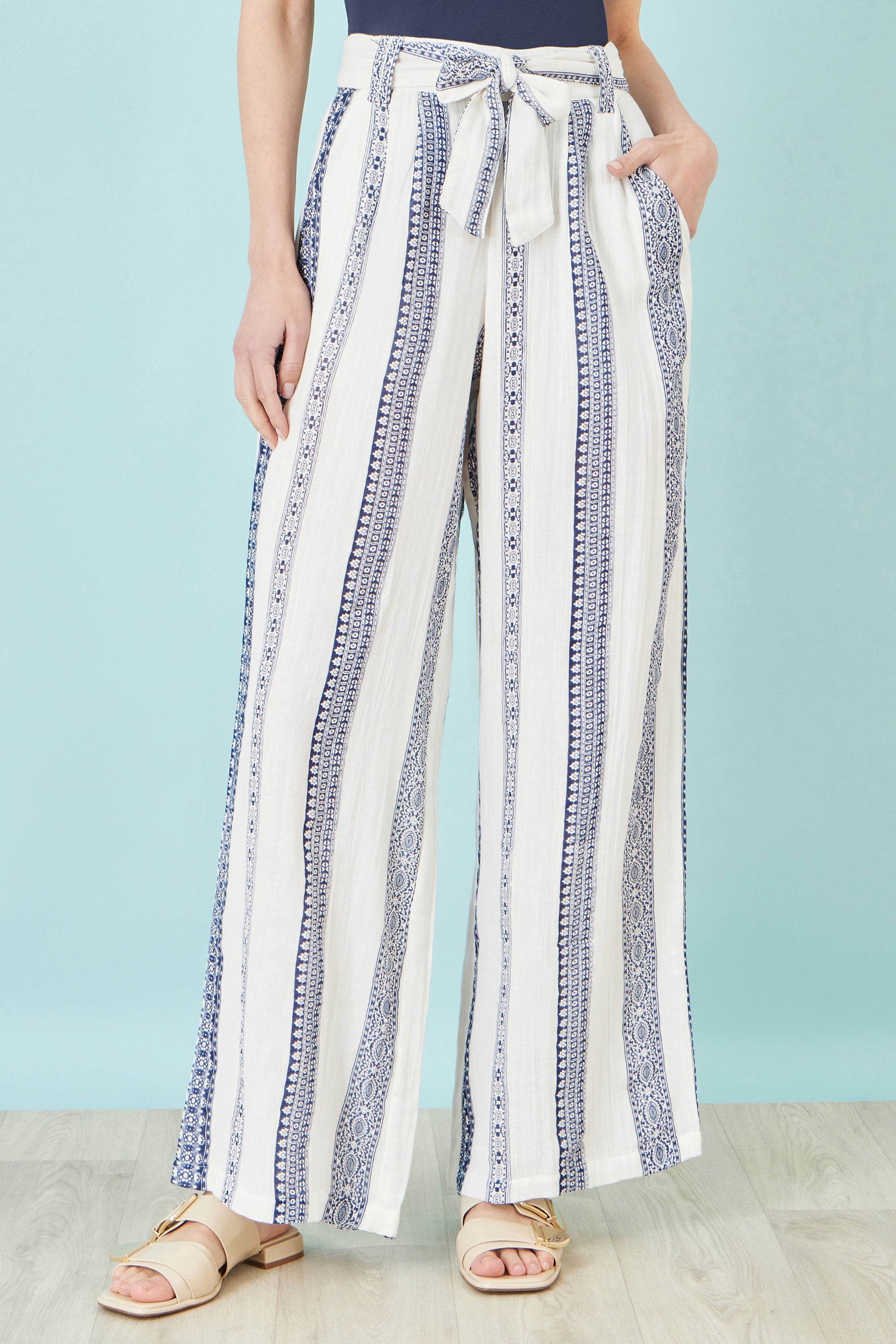 Yumi White Linen Mix Cropped Trousers With Tie Belt