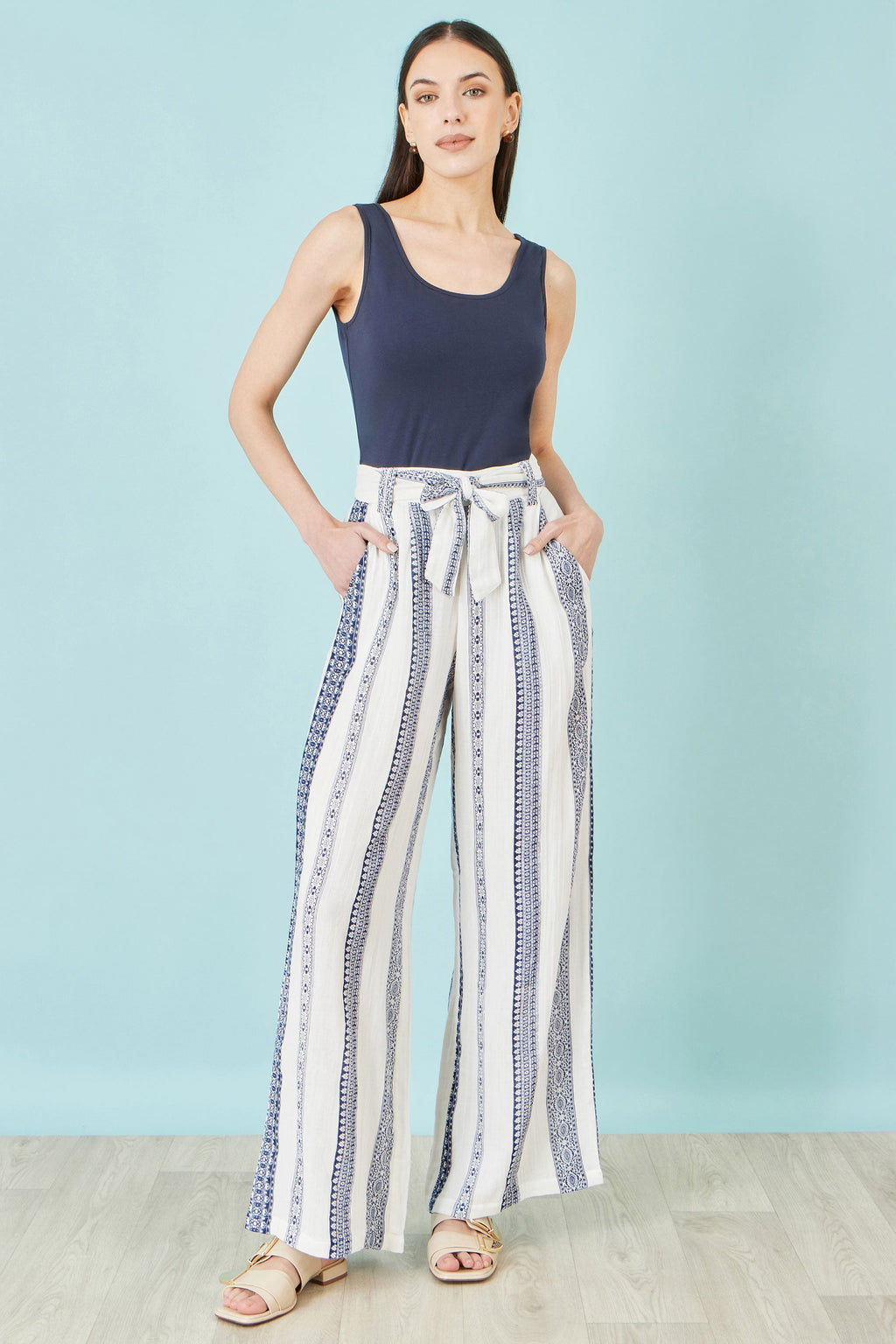 Yumi White Linen Mix Cropped Trousers With Tie Belt