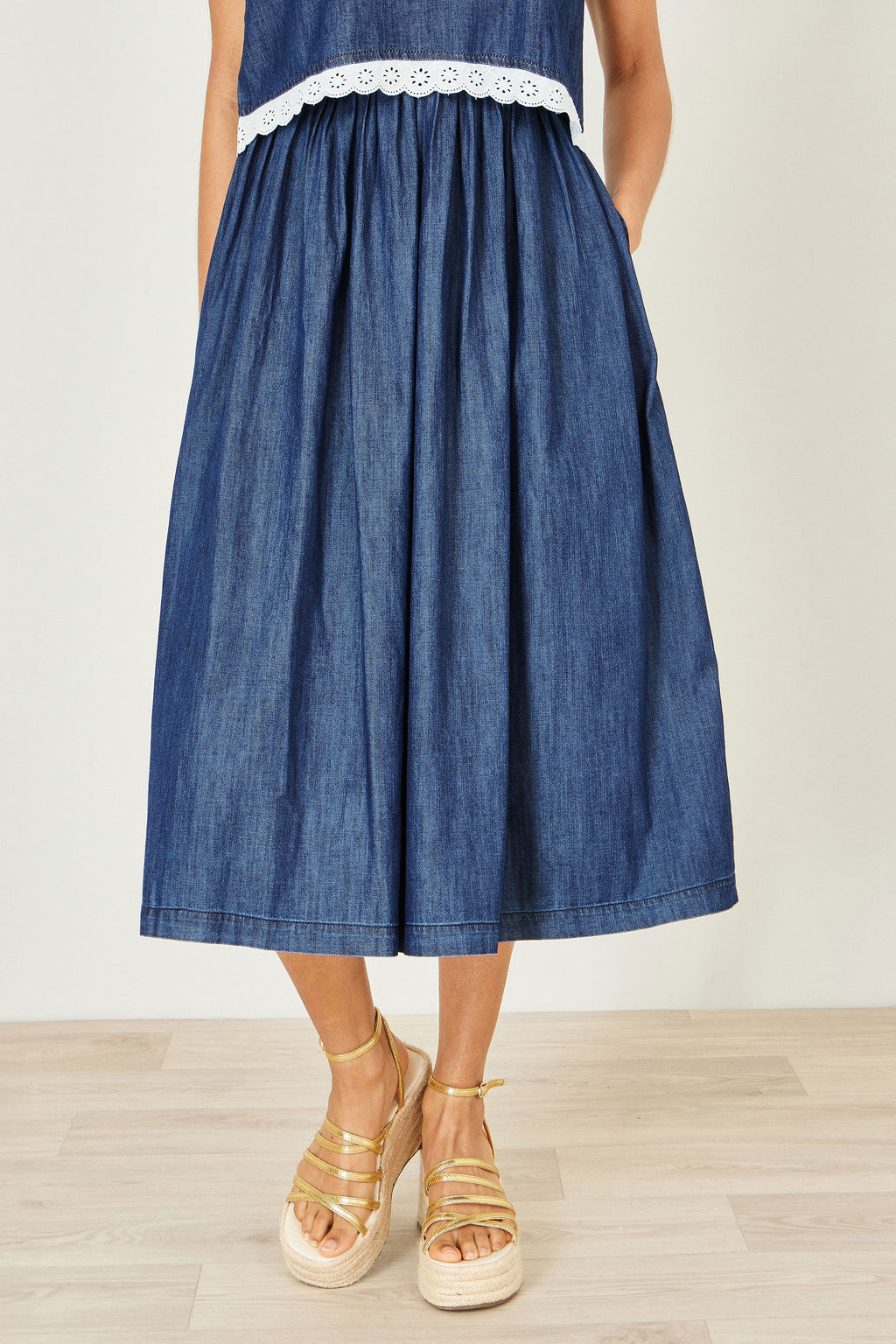 Yumi Blue Denim Chambray Gathered Midi Skirt